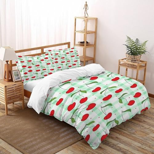 XIKMLSID Kirsche 3-teiliges Bettwäsche Früchte Thema 3D Design Kinder Jugend,Mikrofasern Weich Und Komfortabel,100% Baumwolle,Bring 2 Kissenbezüge Mit Super King（260x220cm） von XIKMLSID