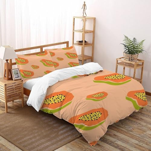 XIKMLSID Papaya Bettwäsche 3-Stück-Set,Mikrofaser,3D Früchte Kissenbezug Mit Reißverschluss,100% Baumwolle Double（200x200cm） von XIKMLSID