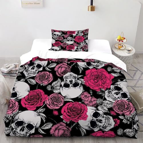 XIKMLSID Rose Schädel Bettwäsche 2-Stück-Set,Mikrofaser,3D Terror Weich Und Komfortabel 100% Baumwolle Für Erwachsene Und Kinder Geeignet Mit 1 Kissenbezug Single（135x200cm） von XIKMLSID