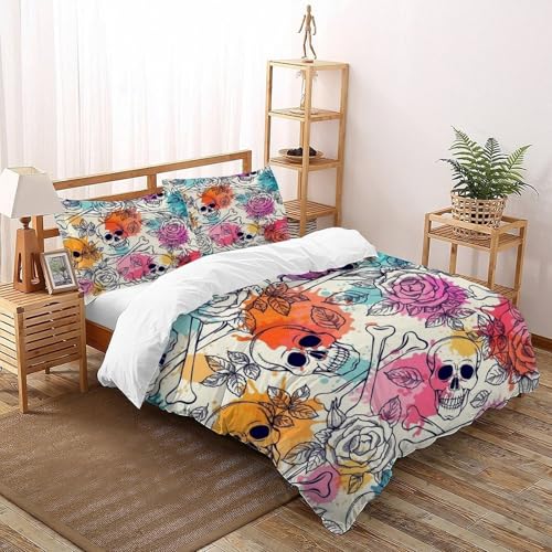 XIKMLSID Rose Schädel Bettwäsche 3-Stück-Set,Mikrofaser,3D Terror Kissenbezug Mit Reißverschluss,100% Baumwolle Für Erwachsene Und Kinder Geeignet Double（200x200cm） von XIKMLSID