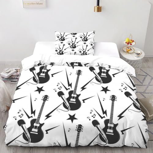XIKMLSID Schwarze Gitarre Bettwäsche 2-Stück-Set,Mikrofaser,3D Kunst Kissenbezug Mit Reißverschluss,100% Baumwolle Single（135x200cm） von XIKMLSID