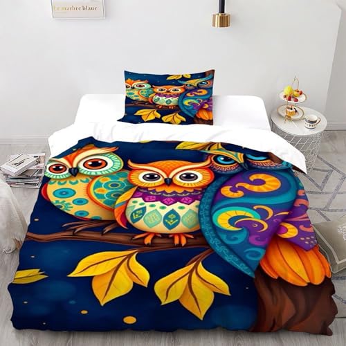 XIKMLSID Sternenhimmel Eule Bettwäsche 2-Stück-Set,Mikrofaser,3D niedliche Tiere Kissenbezug Mit Reißverschluss,100% Baumwolle Single（135x200cm） von XIKMLSID