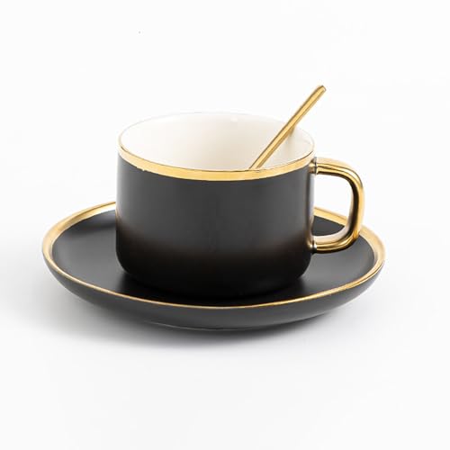 XILANSHMAO Porzellantassen und Untertassen mit Goldrand 230ml Set mit eleganten Kaffeetassen für Latte Cappuccino Mokka Küche Esszimmer Café Black von XILANSHMAO