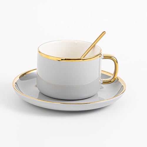 XILANSHMAO Porzellantassen und Untertassen mit Goldrand 230ml Set mit eleganten Kaffeetassen für Latte Cappuccino Mokka Küche Esszimmer Café Gray von XILANSHMAO