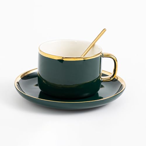 XILANSHMAO Porzellantassen und Untertassen mit Goldrand 230ml Set mit eleganten Kaffeetassen für Latte Cappuccino Mokka Küche Esszimmer Café Green von XILANSHMAO