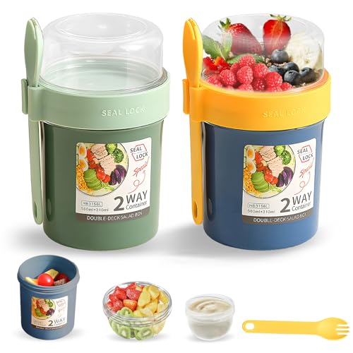 XIMEY 2 Stück Müslibecher to Go Auslaufsicher, Joghurtbecher to Go mit Löffel, Müslibecher 560 + 230 mL, Joghurtbecher to Go, Joghurt to Go Becher, für den Büro Snack von XIMEY