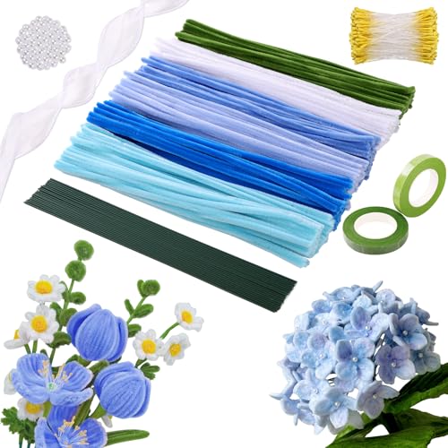 XIMISHOP 325 Stück Pfeifenreiniger Blumen Set,Pfeifenputzer Zum DIY Basteln Mit Kunstperlen Basteldraht Floristenkrepp Geschenkband Blumenband Künstliche Blütenmitten（6 Farben） von XIMISHOP