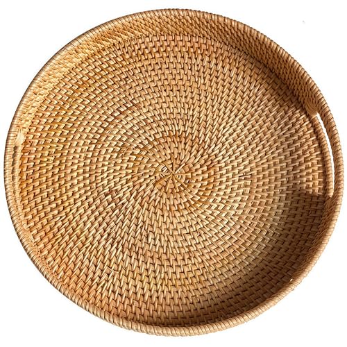 Rundes Rattan Serviertablett, Handgewebtes Serviertablett mit Griffen, Wicker Servierkorb, Dekoratives Tablett für Heimdekor (Natürlich, 36 cm) von XIMISISE