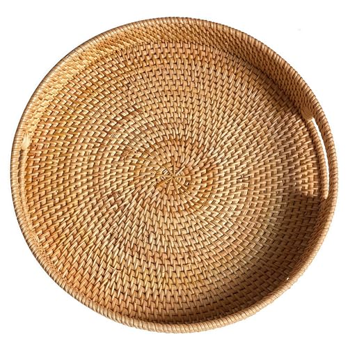 Rundes Rattan Serviertablett, Handgewebtes Serviertablett mit Griffen, Wicker Servierkorb, Dekoratives Tablett für Küche, Wohnzimmer (Natürlich, 30 cm) von XIMISISE