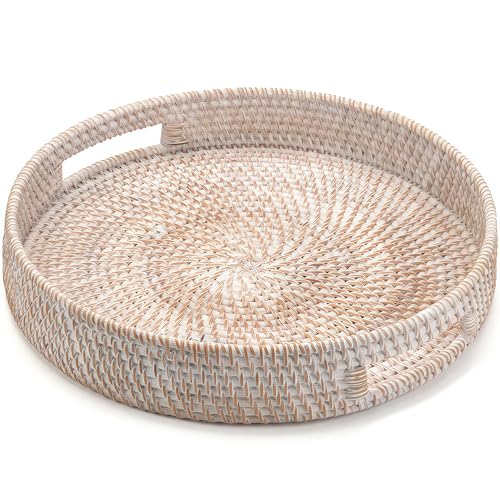 Rundes Rattan Serviertablett, Handgewebtes Serviertablett mit Griffen, Wicker Servierkorb, Dekoratives Tablett für Heimdekor (Weißwasch, 36 cm) von XIMISISE