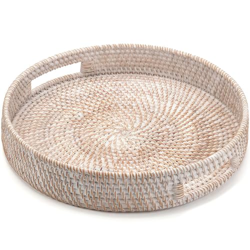 30 cm rundes Rattan-Tablett, handgewebtes Serviertablett mit Griffen, Weiden-Servierkorb, dekoratives Tablett für Heimdekoration, weiß getüncht von XIMISISE