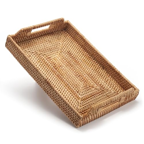XIMISISE Rechteckige Rattan Serviertablett, Handgewebtes Serviertablett mit Griffen, Wicker Servierkorb, Dekoratives Tablett für Küche, Wohnzimmer (43 x 29 x 4.5 cm) von XIMISISE