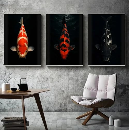 XINBAO Red Dot Koi Fish Mural Portrait Retro Animals Posters Prints Canvas Painting Wall Art Picture for Living Room Home Decor 60x90cmx3 Withframe von XINBAO