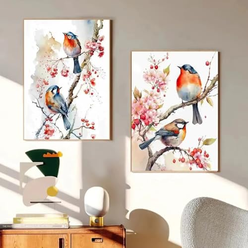 XINBAO Watercolor Spring Magpie Canvas Painting Wall Art Aesthetic Birds Flower Poster Canvas Prints for Living Room Home Decor 70x100cmx2 Withframe von XINBAO