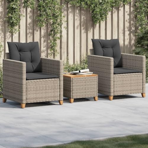 XINCXIN 3-TLG. Bistro-Set, Gartenmöbel Set Terassenmöbel Außen Outdoor Furniture Garten Möbel Geeignet für Balkon Hinterhof Deck Teich mit Kissen Grau Poly Rattan Akazienholz von XINCXIN