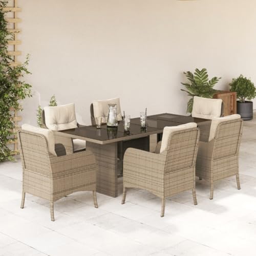XINCXIN 7-TLG. Garten-Essgruppe, Terassenmöbel Außen Gartenmöbel Set Outdoor Furniture Garten Möbel Geeignet für Hinterhof Teich Deck Balkon mit Kissen Beige Poly Rattan von XINCXIN