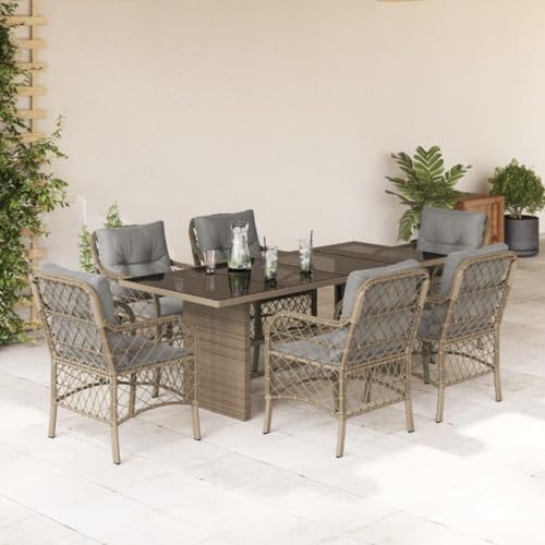 XINCXIN 7-TLG. Garten-Essgruppe, Terassenmöbel Außen Outdoor Furniture Garten Möbel Gartenmöbel Set Geeignet für Teich Deck Balkon Hinterhof mit Kissen Beigemischung Poly Rattan von XINCXIN