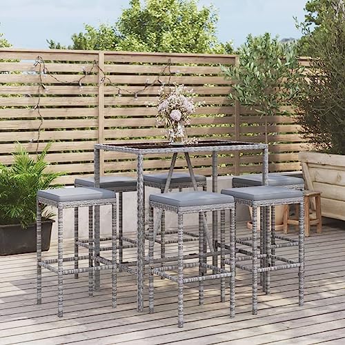 XINCXIN 7-TLG. Gartenbar-Set, Garten Möbel Terassenmöbel Außen Gartenmöbel Set Outdoor Furniture Geeignet für Teich Hinterhof Deck Balkon mit Kissen Grau Poly Rattan von XINCXIN