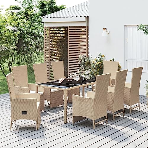 XINCXIN 9-TLG. Garten-Essgruppe, Outdoor Furniture Gartenmöbel Set Terassenmöbel Außen Garten Möbel Geeignet für Hinterhof Deck Teich Balkon mit Kissen Beige Poly Rattan von XINCXIN