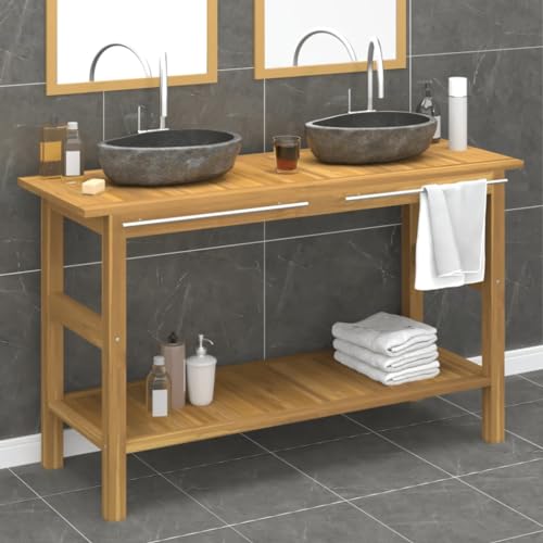 XINCXIN Waschtisch, unterschrank waschbecken Badezimmer möbel badezimmerunterschrank badmöbel mit Flussstein-Waschbecken Massivholz Teak von XINCXIN