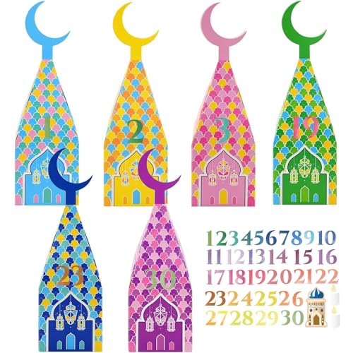 XINDY 30 Stück Ramadan Kalender zum Befüllen, DIY Ramadan Box Ramadan Kalender Tüten Ramadan Geschenktüten Eid Mubarak Geschenkboxen für Ramadan Kalender Kinder Ramadan Deko mit 30 Zahlaufkleber von XINDY