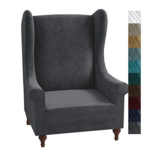 XINEAGE 1 Stück Samt-Stuhlhusse, Stretch-Stuhlbezug, rutschfester Möbelschutz mit Schaumstoffstäben für Wohnzimmer (Flügelstuhl, grau) von XINEAGE