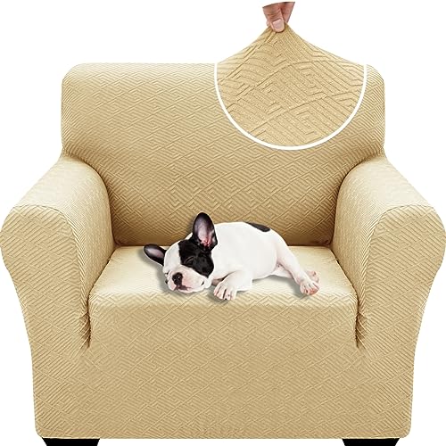 XINEAGE Sofabezug 1 Sitzer, High Stretch Sofaüberwurf für Wohnzimmer, Moderne Sofaüberzug, Jacquard Sofa überzug für Hunde, Haustiere, Rutschfester Sofa Cover (1 Sitzer, Beige) von XINEAGE