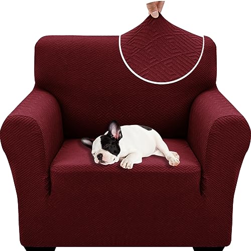 XINEAGE Sofabezug 1 Sitzer, High Stretch Sofaüberwurf für Wohnzimmer, Moderne Sofaüberzug, Jacquard Sofa überzug für Hunde, Haustiere, Rutschfester Sofa Cover (1 Sitzer, Weinrot) von XINEAGE