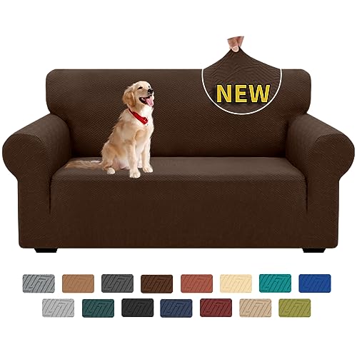 XINEAGE Sofabezug 2 Sitzer, High Stretch Sofaüberwurf für Wohnzimmer, Moderne Sofaüberzug, Jacquard Sofa überzug für Hunde, Haustiere, Rutschfester Sofa Cover (2 Sitzer, Kaffee) von XINEAGE