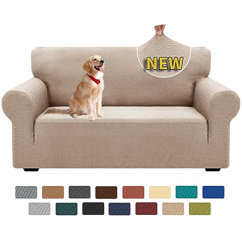 XINEAGE Sofabezug 2 Sitzer, High Stretch Sofaüberwurf für Wohnzimmer, Moderne Sofaüberzug, Jacquard Sofa überzug für Hunde, Haustiere, Rutschfester Sofa Cover (2 Sitzer, Khaki) von XINEAGE