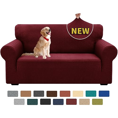 XINEAGE Sofabezug 2 Sitzer, High Stretch Sofaüberwurf für Wohnzimmer, Moderne Sofaüberzug, Jacquard Sofa überzug für Hunde, Haustiere, Rutschfester Sofa Cover (2 Sitzer, Weinrot) von XINEAGE