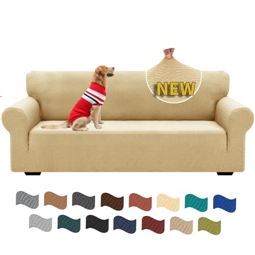 XINEAGE Sofabezug 3 Sitzer, High Stretch Sofaüberwurf für Wohnzimmer, Moderne Sofaüberzug, Jacquard Sofa überzug für Hunde, Haustiere, Rutschfester Sofa Cover (3 Sitzer, Beige) von XINEAGE