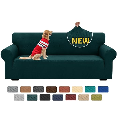 XINEAGE Sofabezug 3 Sitzer, High Stretch Sofaüberwurf für Wohnzimmer, Moderne Sofaüberzug, Jacquard Sofa überzug für Hunde, Haustiere, Rutschfester Sofa Cover (3 Sitzer, Dunkelgrün) von XINEAGE