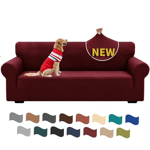 XINEAGE Sofabezug 3 Sitzer, High Stretch Sofaüberwurf für Wohnzimmer, Moderne Sofaüberzug, Jacquard Sofa überzug für Hunde, Haustiere, Rutschfester Sofa Cover (3 Sitzer, Weinrot) von XINEAGE