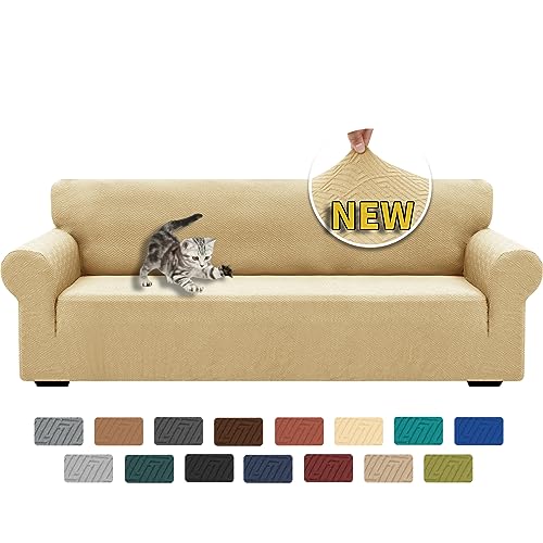 XINEAGE Sofabezug 4 Sitzer, High Stretch Sofaüberwurf für Wohnzimmer, Moderne Sofaüberzug, Jacquard Sofa überzug für Hunde, Haustiere, Rutschfester Sofa Cover (4 Sitzer, Beige) von XINEAGE