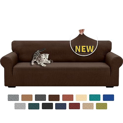 XINEAGE 2024 Neueste Jacquard Sofabezug 1-Sitzer Stretch Sofahusse Elastischer Sofabezug Spandex Sofa Überzug Anti-Rutsch Sofa Protection Cover Waschbar Schonbezug Couch (4 Sitzer, Kaffee) von XINEAGE