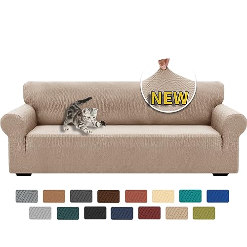 XINEAGE 2024 Neueste Jacquard Sofabezug 1-Sitzer Stretch Sofahusse Elastischer Sofabezug Spandex Sofa Überzug Anti-Rutsch Sofa Protection Cover Waschbar Schonbezug Couch (4 Sitzer, Khaki) von XINEAGE