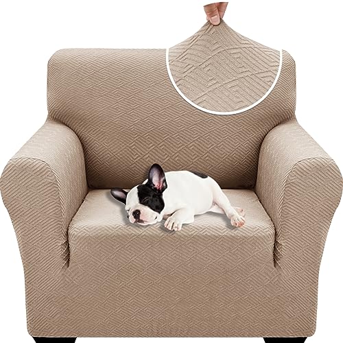 XINEAGE Sofabezug 1 Sitzer, High Stretch Sofaüberwurf für Wohnzimmer, Moderne Sofaüberzug, Jacquard Sofa überzug für Hunde, Haustiere, Rutschfester Sofa Cover (1 Sitzer, Khaki) von XINEAGE