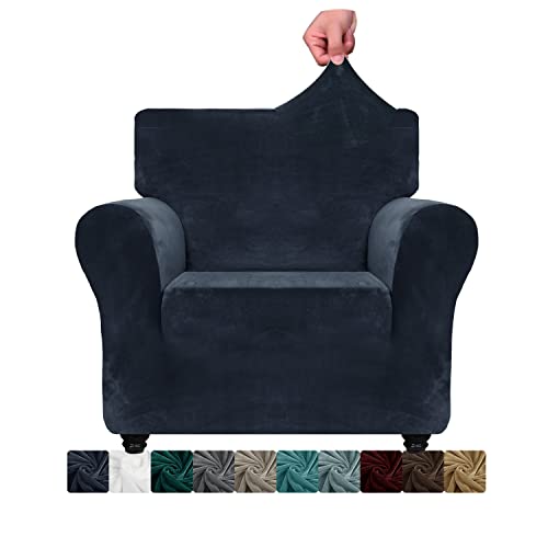 XINEAGE Samt Sofaüberzug 1 Sitzer,Stretch Sofa überzug für Wohnzimmer, Dicke Weiche Sofaüberwurf, Rutschfester Sofa Cover für Hunde, Haustiere (1 Sitzer, Dunkelblau) von XINEAGE