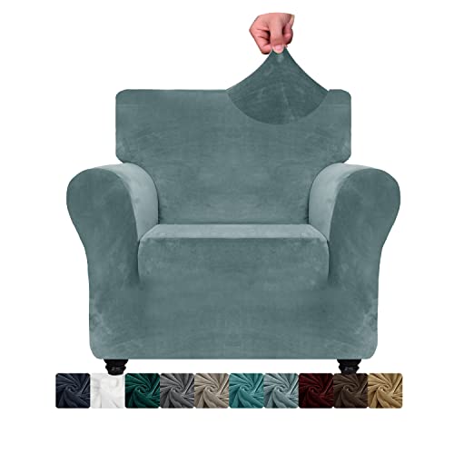 XINEAGE Samt Sofaüberzug 1 Sitzer,Stretch Sofa überzug für Wohnzimmer, Dicke Weiche Sofaüberwurf, Rutschfester Sofa Cover für Hunde, Haustiere (1 Sitzer, Graublau) von XINEAGE