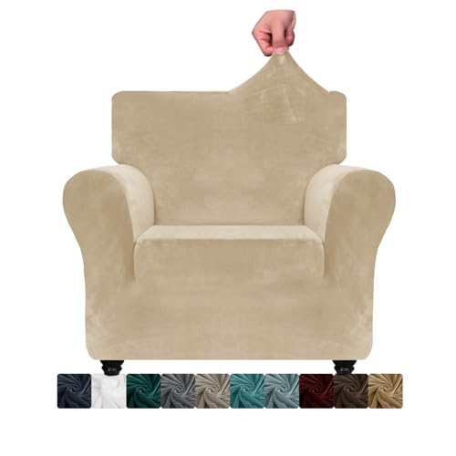 XINEAGE Samt Sofaüberzug 1 Sitzer,Stretch Sofa überzug für Wohnzimmer, Dicke Weiche Sofaüberwurf, Rutschfester Sofa Cover für Hunde, Haustiere (1 Sitzer, Kamel) von XINEAGE