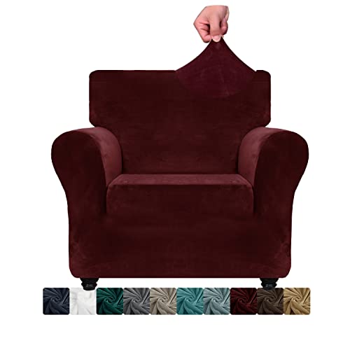 XINEAGE Samt Sofaüberzug 1 Sitzer,Stretch Sofa überzug für Wohnzimmer, Dicke Weiche Sofaüberwurf, Rutschfester Sofa Cover für Hunde, Haustiere (1 Sitzer, Weinrot) von XINEAGE