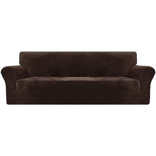 XINEAGE Samt Sofaüberzug 4 Sitzer, Stretch Sofa überzug für Wohnzimmer, Dicke Weiche Sofaüberwurf, Rutschfester Sofa Cover für Hunde, Haustiere (4 Sitzer, Dunkel Kaffee) von XINEAGE