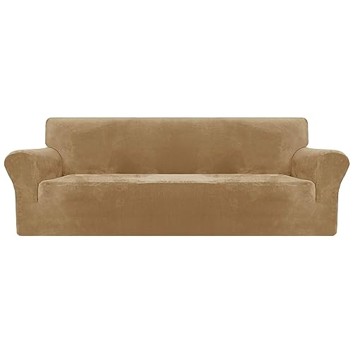 XINEAGE Samt Sofaüberzug 4 Sitzer, Stretch Sofa überzug für Wohnzimmer, Dicke Weiche Sofaüberwurf, Rutschfester Sofa Cover für Hunde, Haustiere (4 Sitzer, Kamel) von XINEAGE