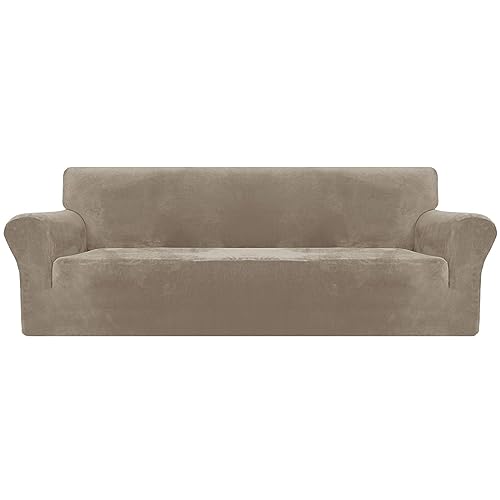 XINEAGE Samt Sofaüberzug 4 Sitzer, Stretch Sofa überzug für Wohnzimmer, Dicke Weiche Sofaüberwurf, Rutschfester Sofa Cover für Hunde, Haustiere (4 Sitzer, Khaki) von XINEAGE