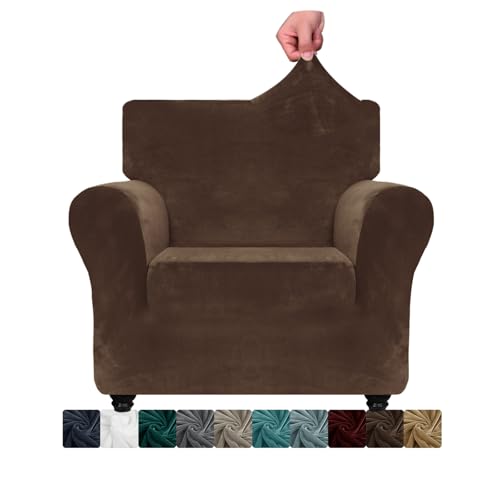 XINEAGE Samt Sofaüberzug 1 Sitzer,Stretch Sofa überzug für Wohnzimmer, Dicke Weiche Sofaüberwurf, Rutschfester Sofa Cover für Hunde, Haustiere (1 Sitzer, Dunkel Kaffee) von XINEAGE