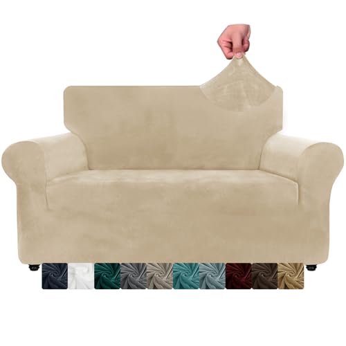 XINEAGE Samt Sofaüberzug 2 Sitzer, Stretch Sofa überzug für Wohnzimmer, Dicke Weiche Sofaüberwurf, Rutschfester Sofa Cover für Hunde, Haustiere (2 Sitzer, Kamel) von XINEAGE