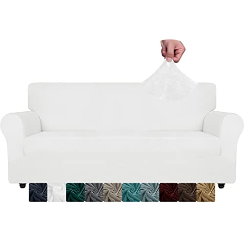 XINEAGE Samt Sofaüberzug 3 Sitzer, Stretch Sofa überzug für Wohnzimmer, Dicke Weiche Sofaüberwurf, Rutschfester Sofa Cover für Hunde, Haustiere (3 Sitzer, Weiß) von XINEAGE