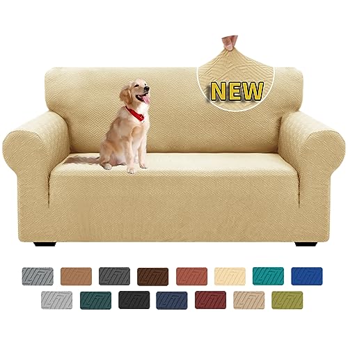 XINEAGE Sofabezug 2 Sitzer, High Stretch Sofaüberwurf für Wohnzimmer, Moderne Sofaüberzug, Jacquard Sofa überzug für Hunde, Haustiere, Rutschfester Sofa Cover (2 Sitzer, Beige) von XINEAGE