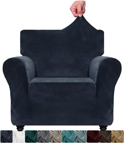 XINEAGE Stuhlhussen aus Samt für Wohnzimmer, hochdehnbar, mit Armlehnen, rutschfest, haustierfreundlich, für Couch, Sofa, Sessel, Möbelschutz (1-Sitzer, Marineblau) von XINEAGE